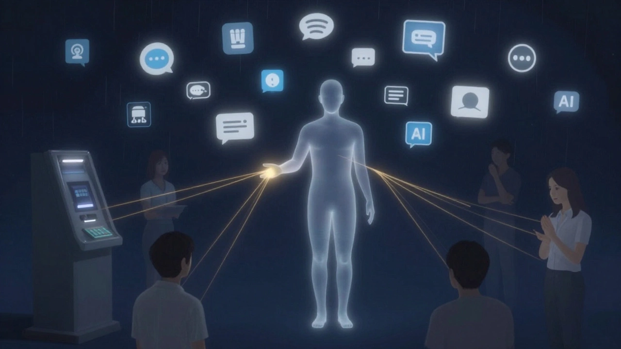 A human figure surrounded by dissolving digital interfaces, with golden threads of empathy connecting to unseen callers.