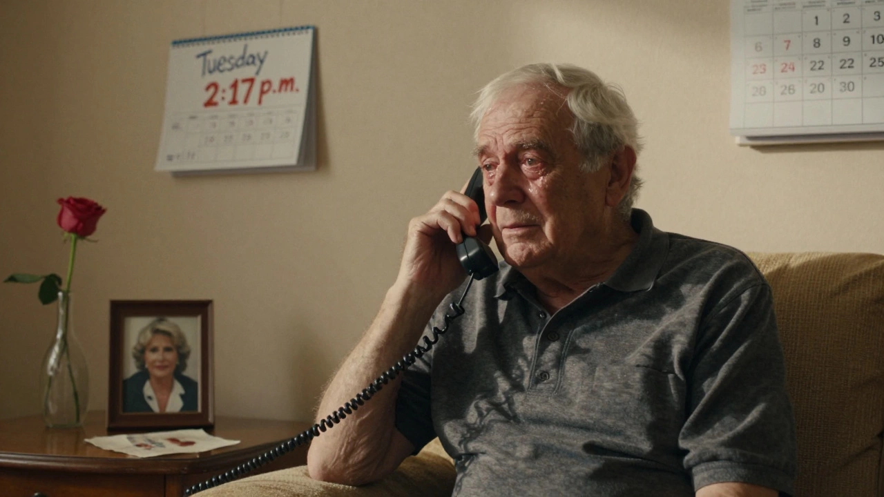 An elderly man crying softly while talking on the phone, a photo of a loved one beside him in a sunlit room.