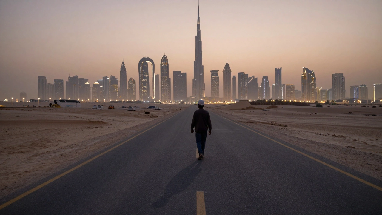 Construction worker walking alone at dawn with Dubai’s glittering skyline in distance.