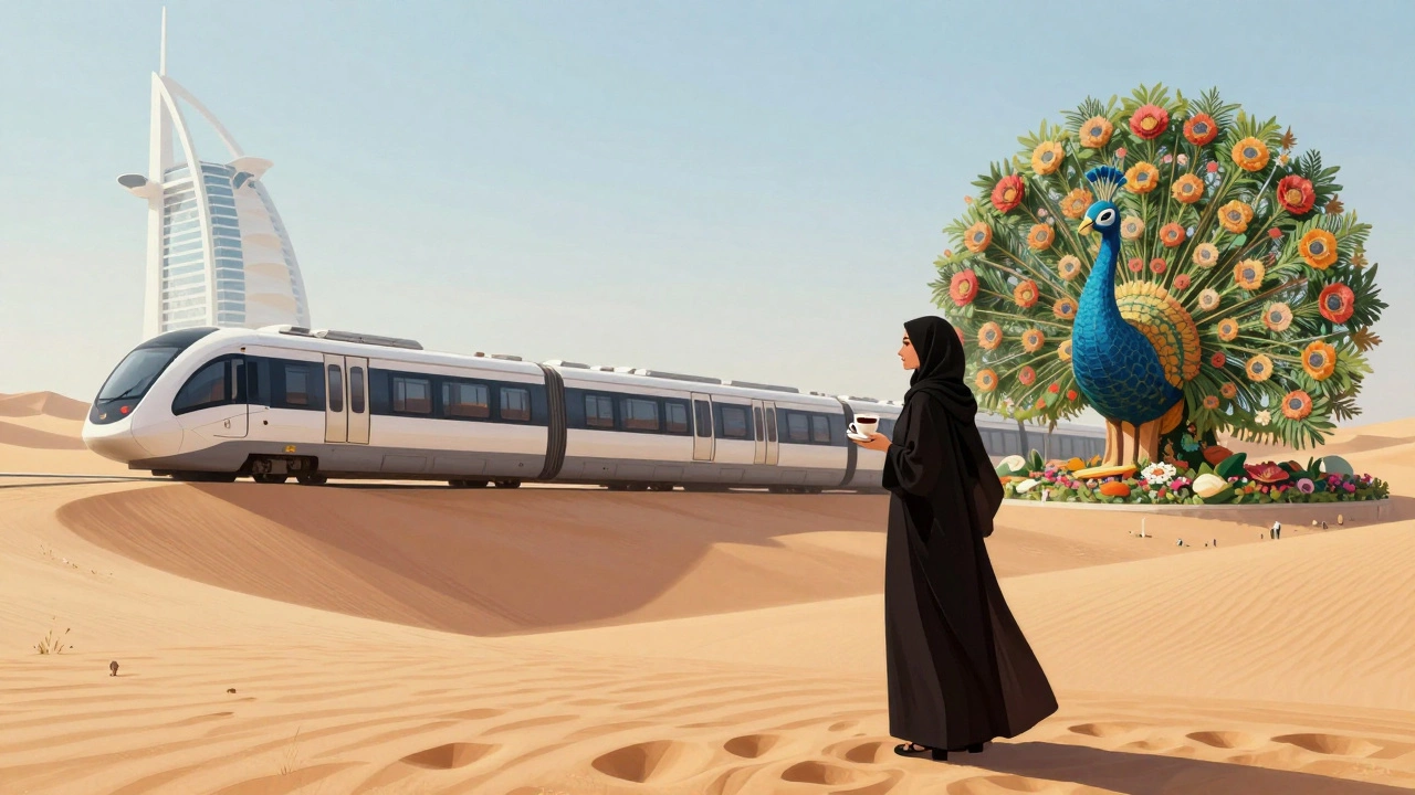 Tourist enjoying Arabic coffee in desert with futuristic metro and floral sculpture in background.